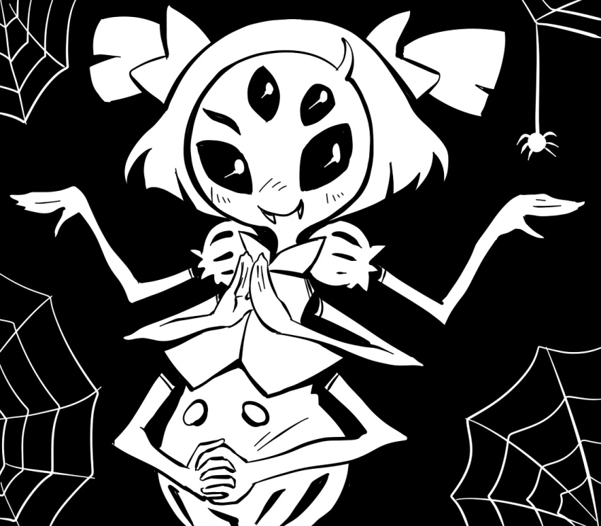 1girl black_background blush extra_eyes fangs itimu looking_at_viewer monochrome monster_girl muffet multiple_arms short_hair short_twintails simple_background smile solo spider_girl twintails undertale