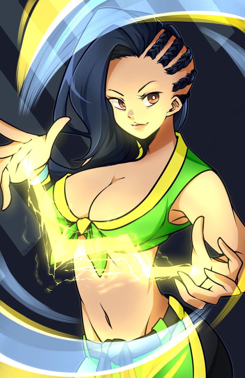 1girl asymmetrical_hair black_hair capcom cornrows electricity front-tie_top laura_matsuda lyn_(shunao) midriff navel solo street_fighter street_fighter_v upper_body vest