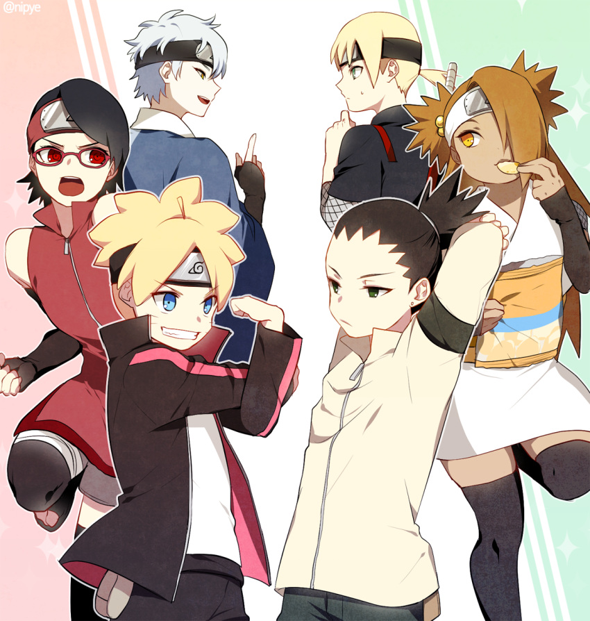 2girls 4boys akimichi_chouchou arms_behind arms_up boruto:_the_movie eating forehead_protector mitsuki_(naruto) multiple_boys multiple_girls nara_shikadai naruto nipye potato_chips red_eyes sharingan uchiha_sarada uzumaki_boruto yamanaka_inojin