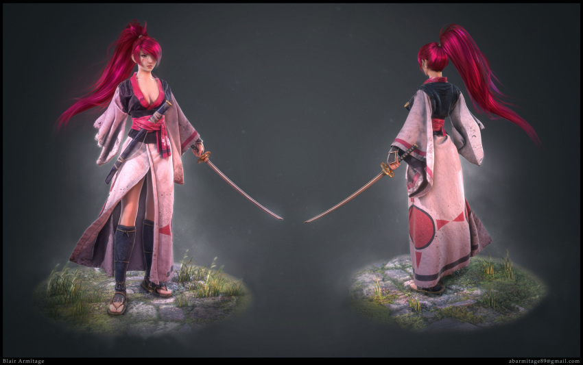1girl 3d amputee baiken blair_armitage breasts cleavage facial_tattoo full_body guilty_gear hair_over_one_eye japanese_clothes katana looking_at_viewer multiple_views parted_lips pink_hair realistic sash scabbard sheath solo sword tattoo