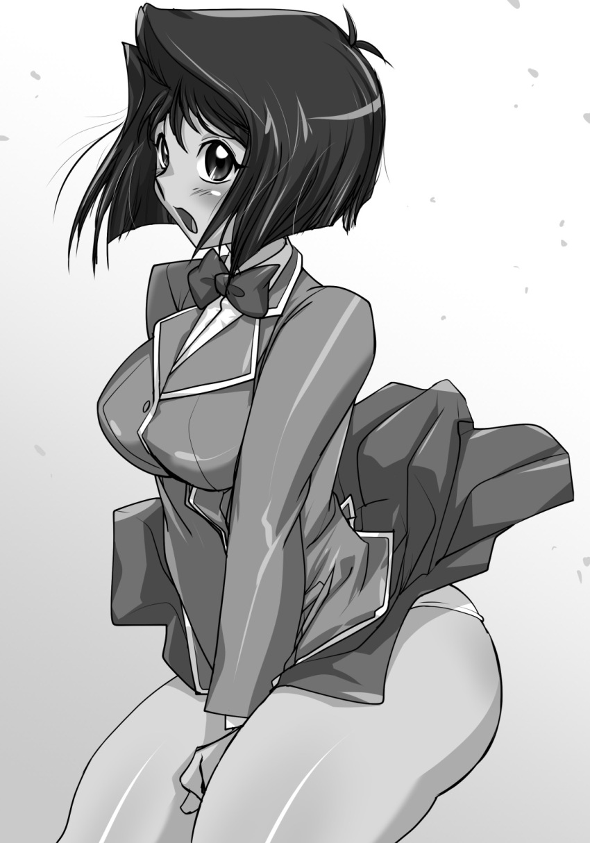 1girl bare_legs blush breasts female hikawadou legs looking_at_viewer mazaki_anzu monochrome open_mouth panties pantyshot school_uniform shiny shiny_skin skirt solo underwear wink yu-gi-oh! yuu-gi-ou_duel_monsters