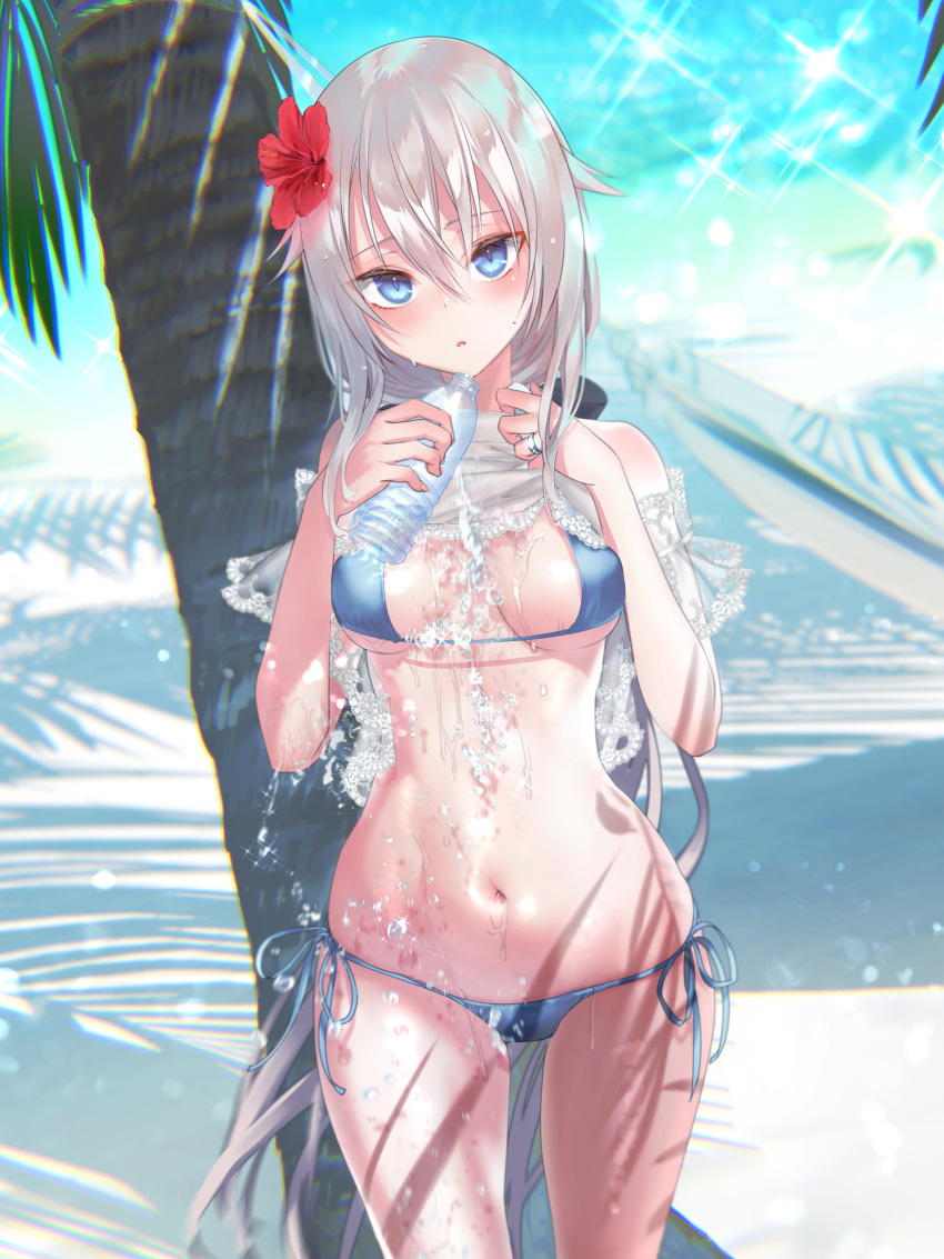 1girl 9a-91_(girls_frontline) absurdres alternate_costume beach bikini blue_bikini blue_eyes blurry blurry_background bottle breasts commentary_request cowboy_shot depth_of_field flower girls_frontline hair_between_eyes hair_flower hair_ornament hands_on_own_chest highres jewelry long_hair looking_at_viewer low_ponytail navel outdoors palm_tree parted_lips pottsness ring side-tie_bikini silver_hair small_breasts solo sparkle swimsuit tree very_long_hair water_bottle wet