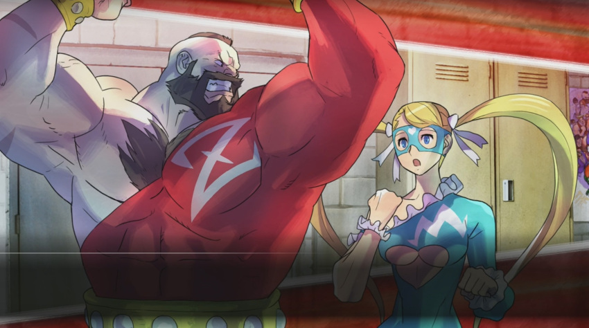 1boy 1girl breasts capcom cleavage flexing official_art pose rainbow_mika street_fighter street_fighter_v twintails wrestling_outfit zangief