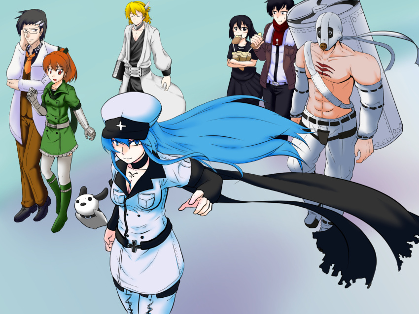 akame_ga_kill! anchor belt black_eyes black_hair blonde_hair blue_eyes blue_hair bols boots breasts cap cleavage closed_eyes cross cyborg dog dr._stylish drag009 esdeath feather flamethrower food fringe gas_mask glasses hekatonkheires jacket kurome_(akame_ga_kill!) labcoat long_hair mechanical_arms military military_uniform multiple_boys multiple_girls necktie orange_eyes orange_hair ponytail robe run_(akame_ga_kill!) scar scarf school_uniform serafuku seryu_ubiquitous shirtless skirt smile stubble suit thigh-highs uniform very_long_hair wave_(akame_ga_kill!) weapon white_hair white_legwear