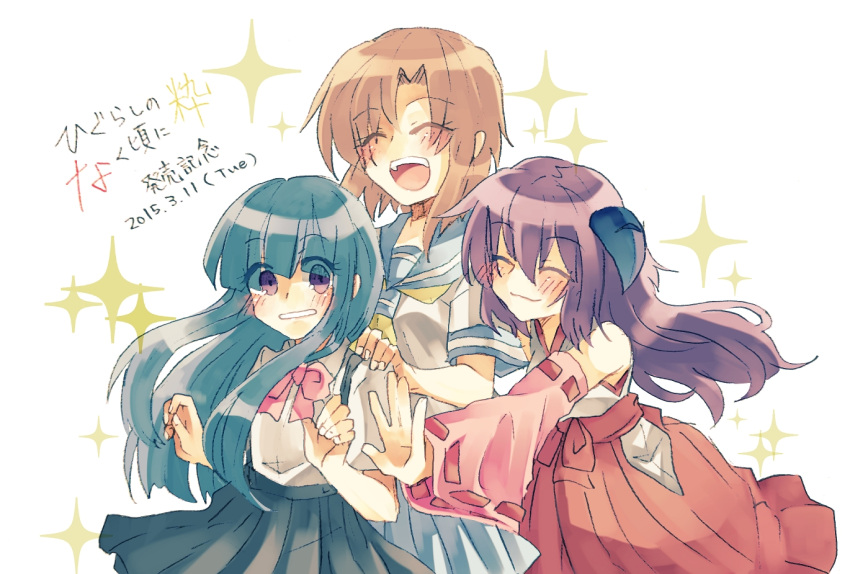 3girls blue_hair blue_sailor_collar blue_skirt closed_eyes closed_mouth detached_sleeves eyebrows_visible_through_hair eyes_visible_through_hair fingernails furude_rika hand_on_another's_shoulder hanyuu higurashi_no_naku_koro_ni horns japanese_clothes light_brown_hair long_hair long_sleeves miko multiple_girls open_mouth pink_ribbon pleated_skirt purple_hair red_ribbon red_skirt ribbon ryuuguu_rena sailor_collar sailor_shirt school_uniform shirt short_sleeves skirt smile suspender_skirt suspenders violet_eyes white_shirt yurie(idoushimashita)