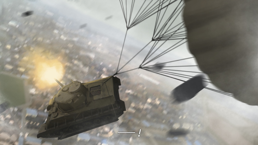 ! blurry cityscape commentary depth_of_field dutch_angle firing girls_und_panzer ground_vehicle hettsuaa highres horizon m4_sherman military military_vehicle motion_blur motor_vehicle no_humans parachute parody sky skydive tank the_a-team