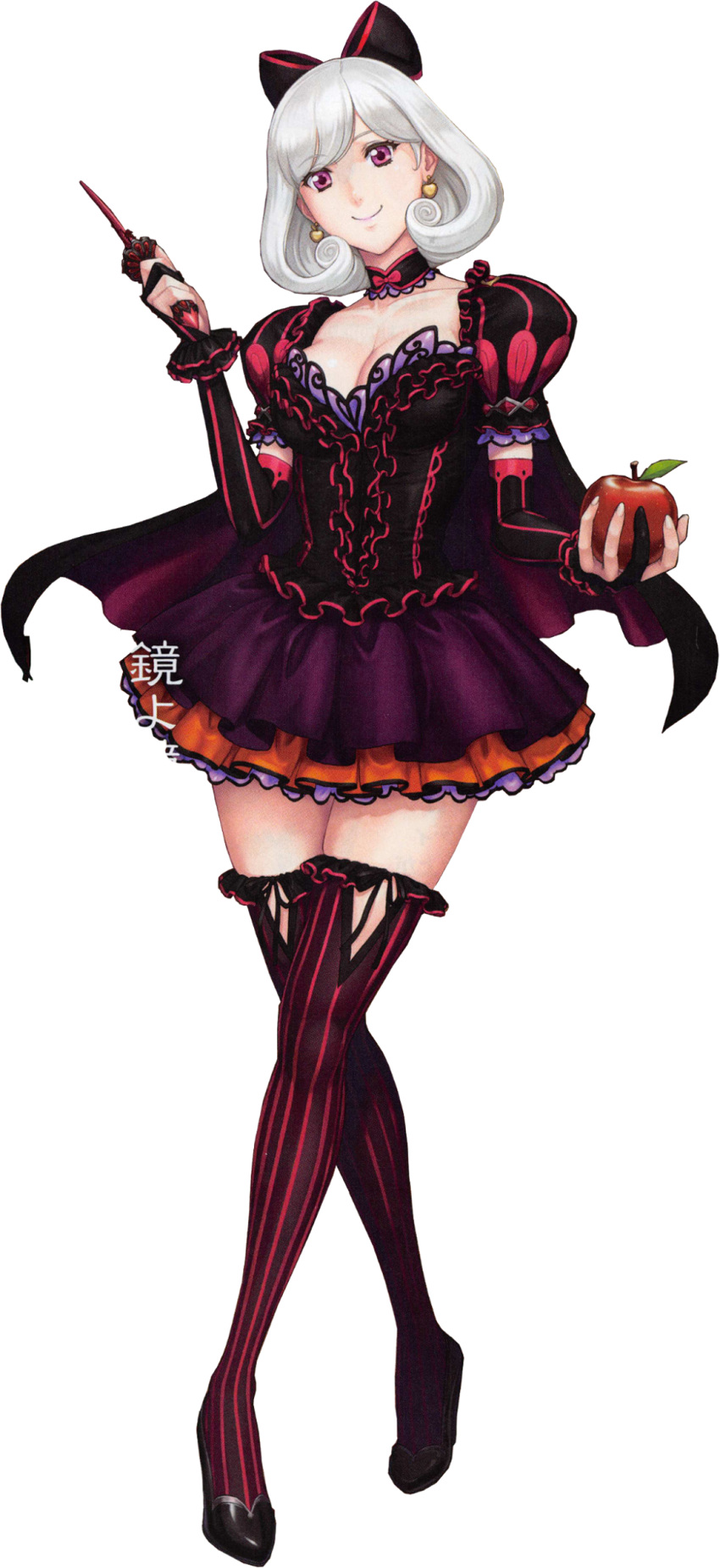 1girl apple artist_request black_background bow breasts cape choker curly_hair dagger detached_sleeves dress earrings food fruit hair_bow high_heels highres jewelry large_breasts legs_crossed queen's_blade queen's_blade_grimoire short_hair simple_background smile snow_white snow_white_(queen's_blade) solo standing striped thigh-highs violet_eyes weapon white_hair zettai_ryouiki