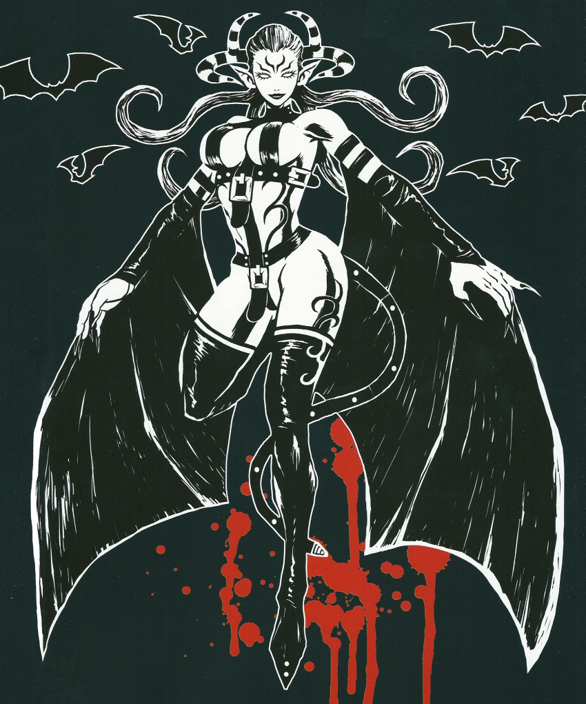 1girl bats belts blood body_markings breasts cleavage demon_girl elise_(madworld) empty_eyes fingernails flying highres horns large_breasts long_fingernails long_hair madworld monochrome pointy_ears sideboob skimpy solo spot_color tattoo thigh_boots vampire