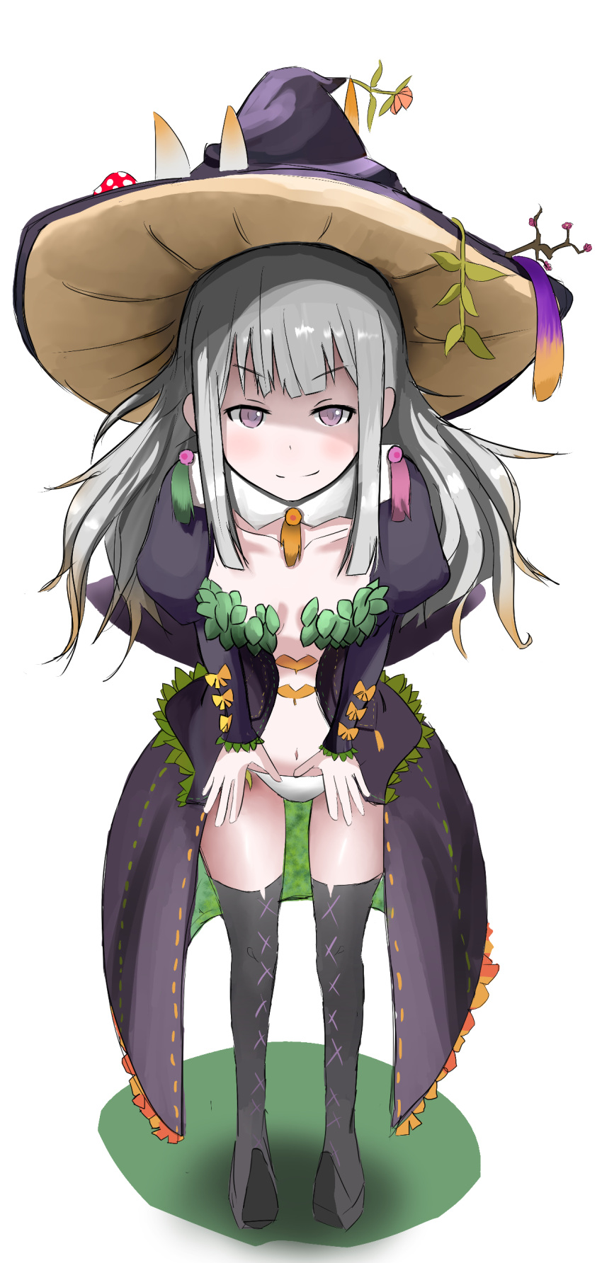 1girl boots breasts coat flower frills grey_hair hat long_hair luminous_arc luminous_arc_infinity multicolored_hair mushroom navel panties smile thigh_boots underwear violet_(luminous_arc) violet_eyes witch_hat