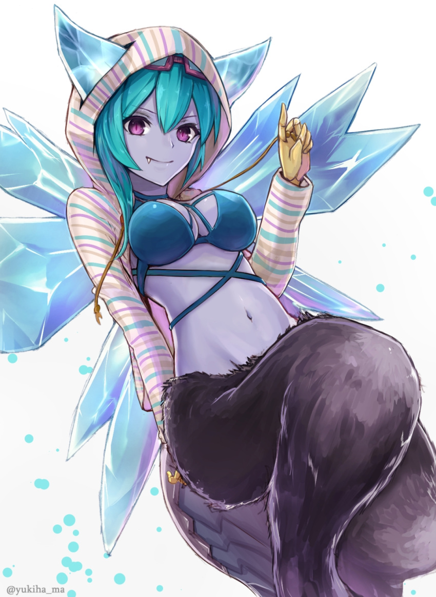 1girl blue_hair blue_skin breasts cleavage closed_mouth fang female hellice_frost_demon_(p&amp;d) hood hoodie horns ice long_sleeves looking_at_viewer midriff monster_girl navel puzzle_&amp;_dragons smile solo violet_eyes white_background wings yukihama