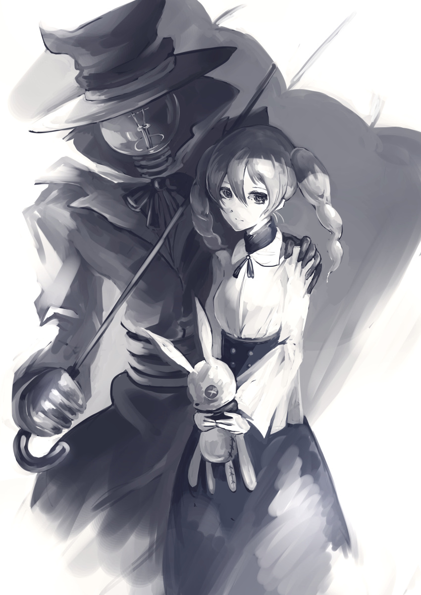 1boy 1girl cane hat lightbulb monochrome original sword tied_hair top_hat trenchcoat twintails weapon