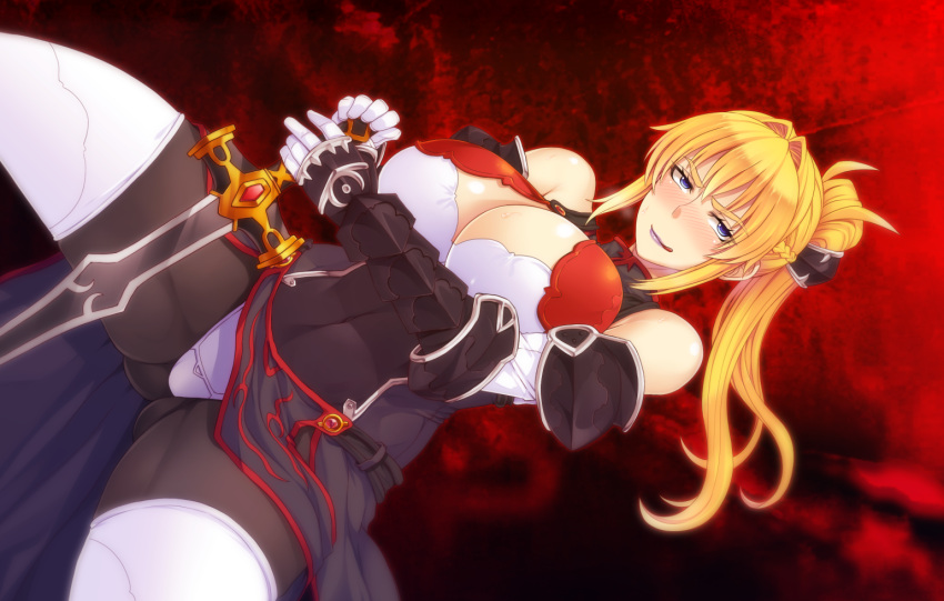 1girl ass bare_shoulders blonde_hair blue_eyes blush breasts cleavage denkishowgun dutch_angle erectlip game_cg gauntlets highres huge_breasts kyonyuu_himekishi_gaiden:_chijoku_no_battle_colosseum legs lipstick long_hair looking_at_viewer makeup naughty_face navel pantyhose ponytail red_background simple_background smile standing sweatdrop sword thick_thighs thighs tongue