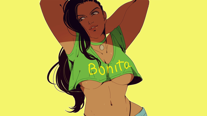 1girl alternate_costume arms_behind_head arms_up asymmetrical_hair black_hair breasts brown_eyes capcom cleavage cornrows dark_skin large_breasts laura_matsuda long_hair navel oeilvert parted_lips solo street_fighter street_fighter_v thong under_boob upper_body wallpaper
