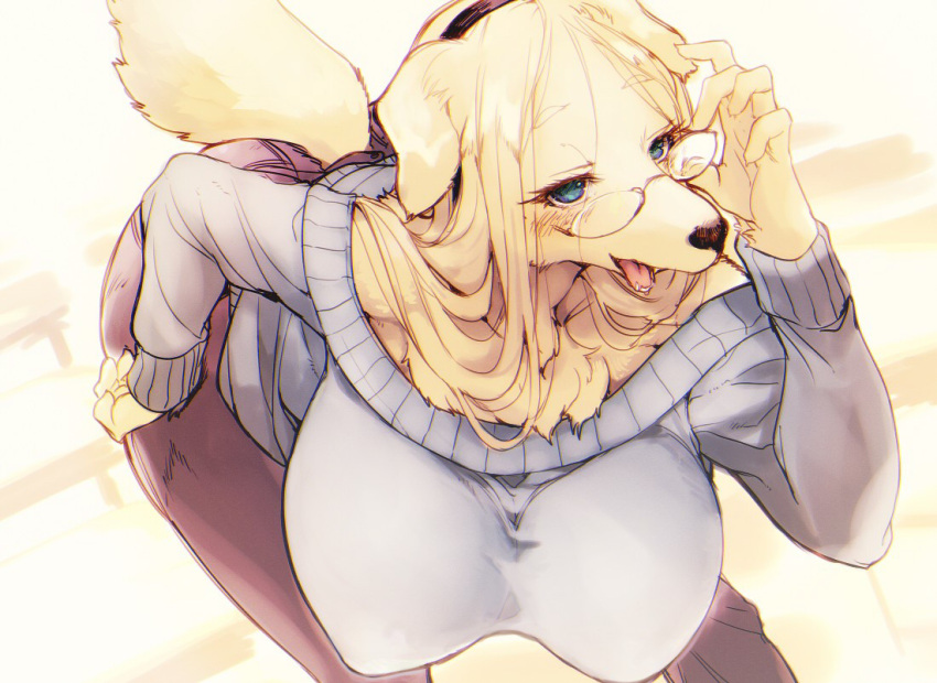 1girl blonde_hair blue_eyes breasts dog erect_nipples furry glasses huge_breasts kishibe large_breasts long_hair open_mouth sagging_breasts