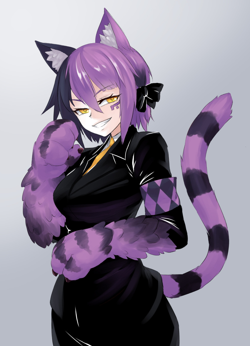 animal_ears animal_tail black_hair cheshire_cat_(monster_girl_encyclopedia) grin hair_ribbon jiffic monster_girl monster_girl_encyclopedia purple_hair ribbon simple_background slit_pupils smile suit tail two-tone_hair yellow_eyes