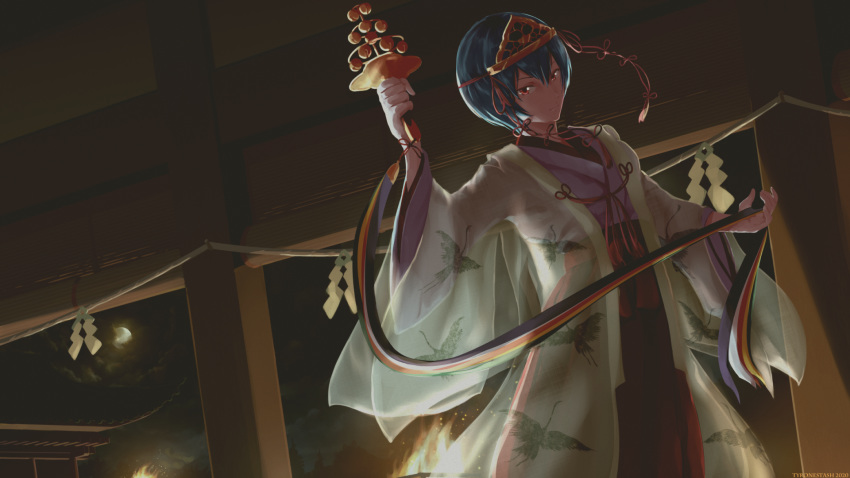 1girl ayanami_rei blue_hair clouds cloudy_sky commentary commission english_commentary expressionless full_moon highres japanese_clothes looking_at_viewer moon neon_genesis_evangelion night red_eyes ribbon short_hair sky solo triangular_headpiece tyrone