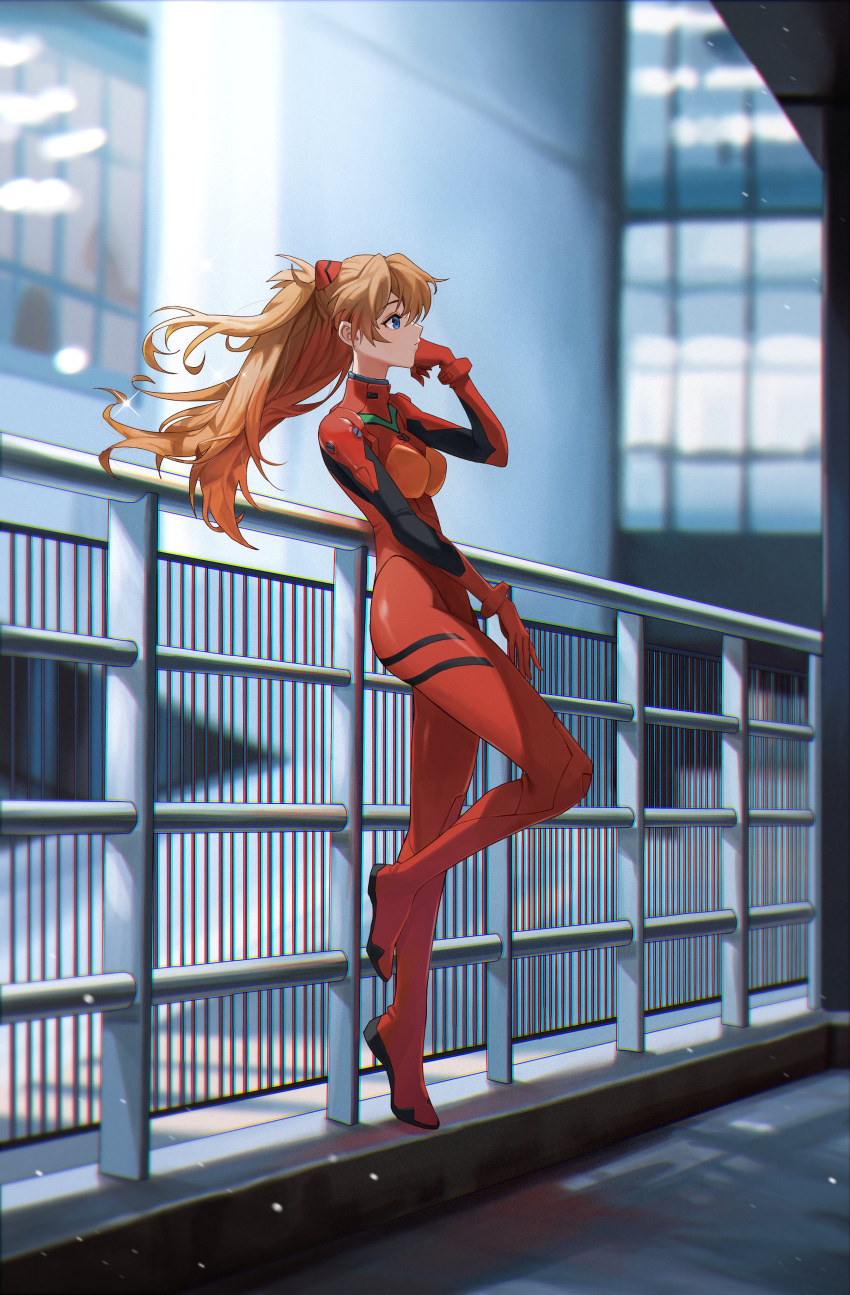 1girl absurdres blue_background blue_eyes blurry blurry_background bodysuit breasts chromatic_aberration fence floating_hair full_body highres interface_headset long_hair medium_breasts neon_genesis_evangelion orange_hair plugsuit red_bodysuit solo souryuu_asuka_langley sssong_aa urban