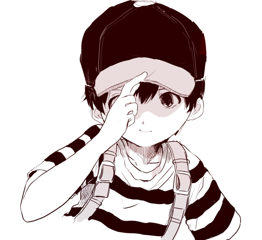 1boy black_hair cap monochrome mother_(series) ness nintendo short_hair simple_background solo