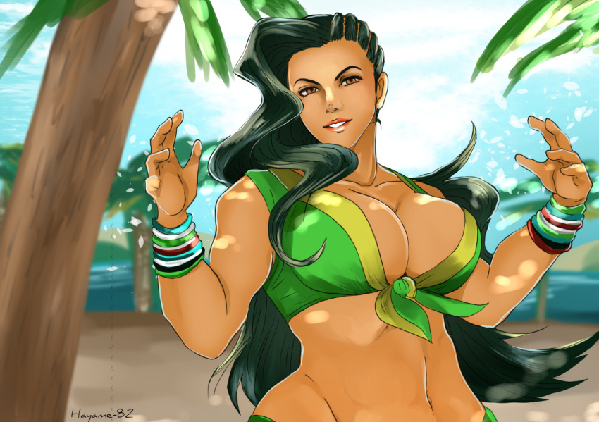 1girl asymmetrical_hair black_hair breasts brown_eyes capcom cleavage cornrows dark_skin front-tie_top hayame_(m_ayame) large_breasts laura_matsuda long_hair looking_at_viewer midriff navel parted_lips smile solo stomach street_fighter street_fighter_v upper_body wide_hips