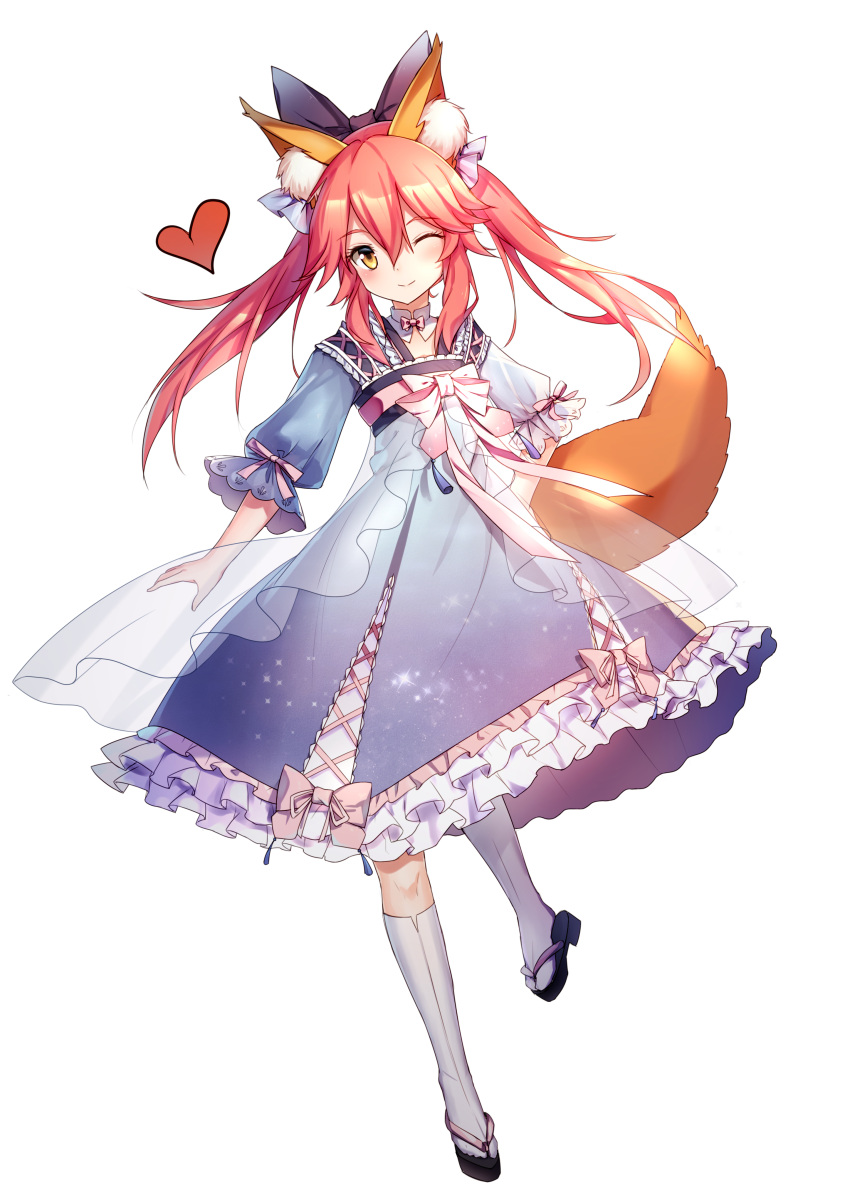 1girl absurdres animal_ears blue_ribbon bow fate_(series) fox_ears fox_tail hair_ribbon hamster_(hanmster) highres lolita_fashion long_hair looking_at_viewer one_eye_closed pink_hair ribbon simple_background smile solo tagme tail tamamo_(fate)_(all) tamamo_no_mae_(fate) wa_lolita white_background yellow_eyes younger