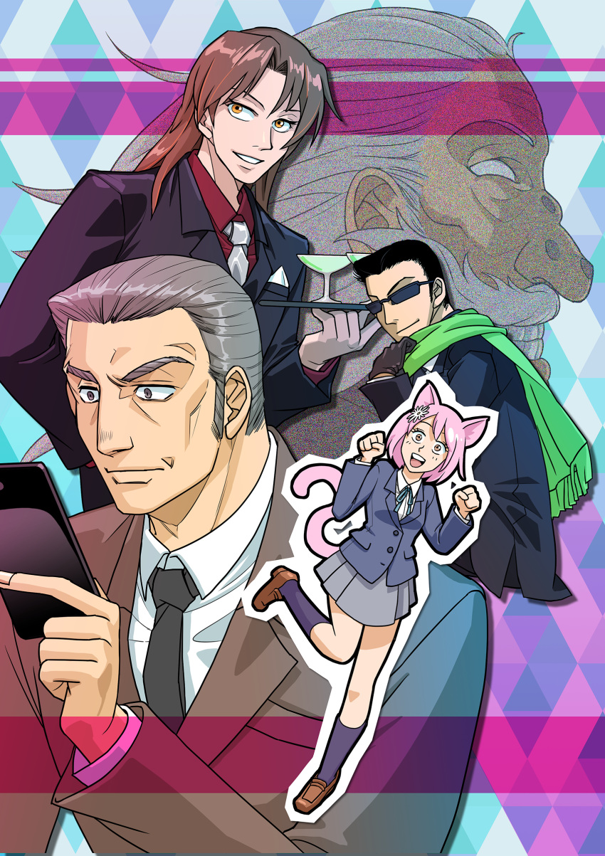 1girl 4boys absurdres animal_ears argyle argyle_background black_gloves black_hair black_neckwear black_suit blue_background brown_eyes brown_footwear brown_hair brown_suit cellphone chuukan_tanriroku_tonegawa clenched_hand facial_hair flower formal glass gloves green_scarf grey_eyes grey_hair grin hair_flower hair_ornament hands_up highres holding holding_tray hyoudou_kazuya ichijou_seiya long_hair multiple_boys mustache necktie phone pink_hair profile scarf school_uniform skirt smile socks suit sunglasses tail tonegawa_yukio tray wart white_hair white_neckwear yamazaki_kenji yuinyan