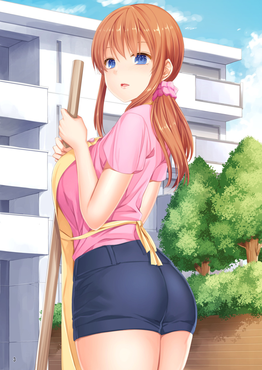 1girl apartment apron ass bangs blue_eyes breasts broom clouds female highres holding housewife large_breasts legs long_hair looking_at_viewer orange_hair original outdoors parted_lips ponytail short_sleeves shorts sideboob sky solo standing thighs tree