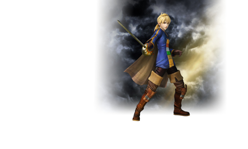 1boy 3d androgynous blonde_hair cape dissidia_final_fantasy final_fantasy final_fantasy_tactics official_art ponytail ramza_beoulve rapier solo square_enix sword