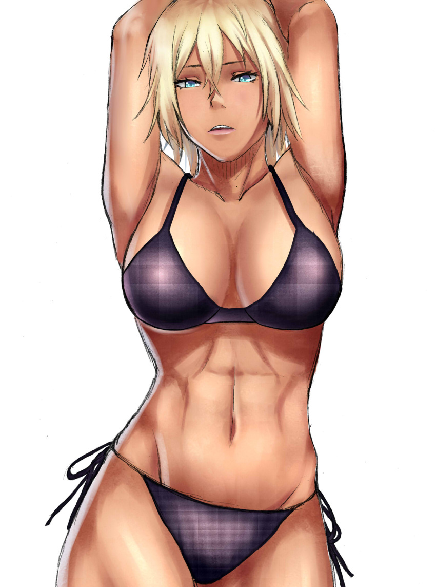 1girl alternate_eye_color aqua_eyes armpits arms_up arrancar bangs bikini bleach blonde_hair blue_eyes breasts cleavage collarbone cropped_legs eyelashes female groin hair_between_eyes highres large_breasts lips looking_at_viewer midriff navel open_mouth parted_lips purple_bikini purple_swimsuit side-tie_bikini simple_background solo swimsuit tier_harribel toned white_background