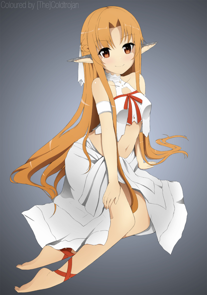 1girl absurdres arm_support asuna_(sao) bare_shoulders barefoot coldtrojan colored crop_top crop_top_overhang ear_covers female gradient gradient_background half_updo highres kou_mashiro lineart long_hair looking_at_viewer navel pointy_ears sitting smile solo sword_art_online titania_(sao) yokozuwari