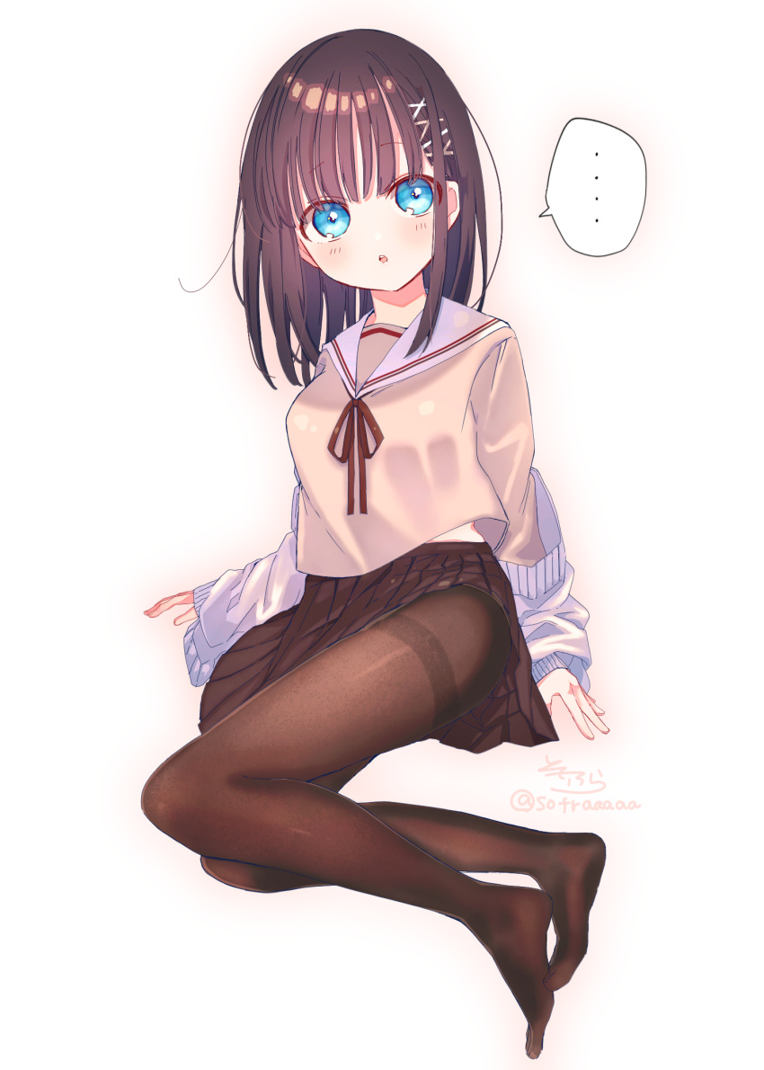 ... 1girl :o blue_eyes blush breasts brown_hair brown_legwear brown_shirt brown_skirt commentary_request full_body hair_ornament hairclip highres jacket long_hair long_sleeves looking_at_viewer neck_ribbon no_shoes off_shoulder open_clothes open_jacket original pantyhose parted_lips pleated_skirt red_ribbon ribbon sailor_collar shirt signature skirt sleeves_past_wrists small_breasts sofra solo spoken_ellipsis thighband_pantyhose twitter_username upper_teeth white_background white_jacket white_sailor_collar x_hair_ornament