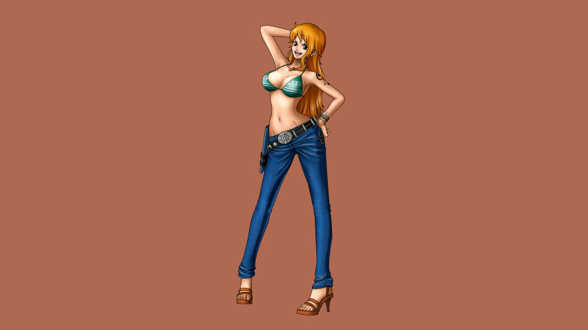 1girl blue_jeans bracelet breasts brown_eyes earrings feet highres jewelry large_breasts long_hair midriff nami_(one_piece) official_art one_piece one_piece_burning_blood orange_hair sandals tattoo
