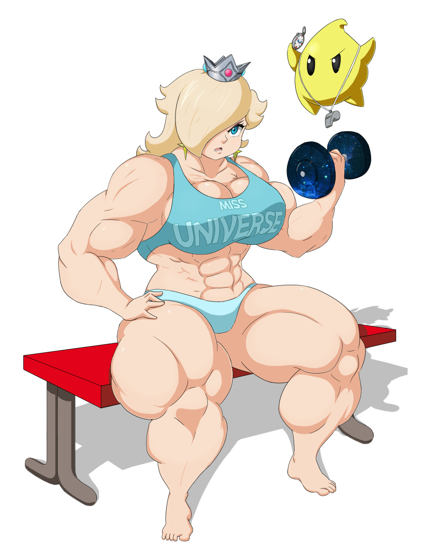 1girl bangs barefoot blonde_hair blue_eyes breasts chetrippo chiko_(mario) cleavage coach creature crown dumbbell earrings extreme_muscles floating hair_over_one_eye mini_crown muscle rosetta_(mario) simple_background sitting stopwatch super_mario_bros. super_mario_galaxy transparent_background whistle workout