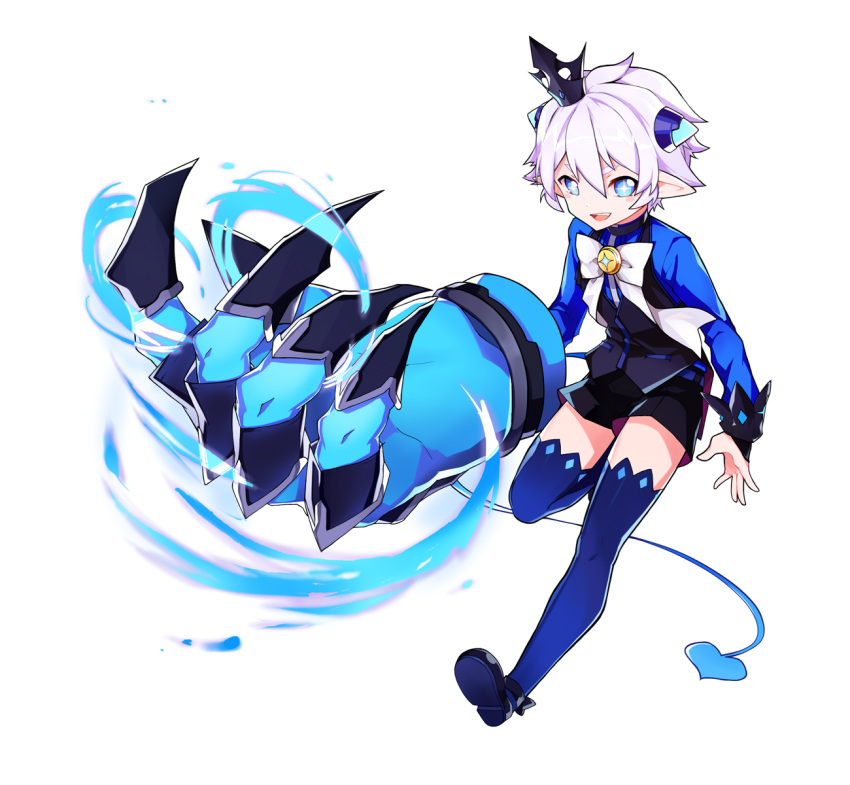 1boy blue_eyes bow child crown elsword full_body genderswap horns looking_at_viewer luciela_r._sourcream open_mouth pointy_ears ribbon shorts shota simple_background smile solo symbol-shaped_pupils tail thigh-highs weapon white_background white_hair zettai_ryouiki