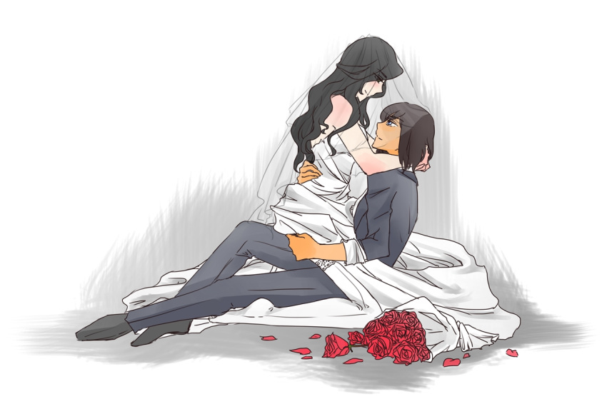 2girls asami_sato avatar:_the_last_airbender blue_eyes bridal_veil bride dark_skin flower formal groom korra long_hair looking_down looking_up lux_lin multiple_girls short_hair simple_background sitting sitting_on_lap sitting_on_person suit the_legend_of_korra veil wedding_dress wife_and_wife yuri