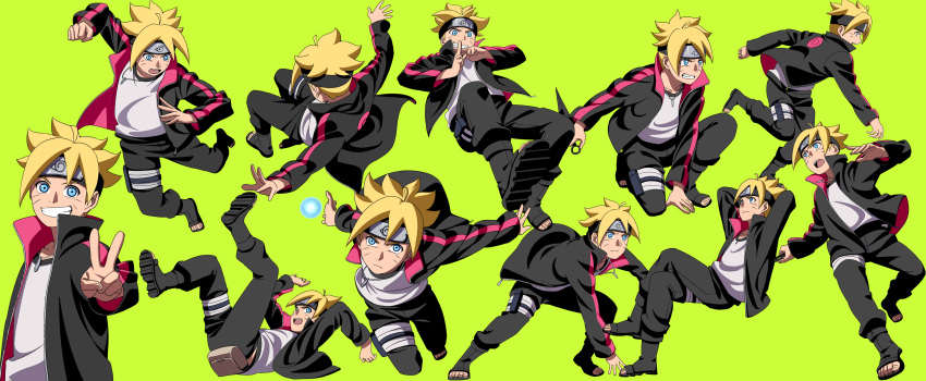 1boy ahoge blonde_hair blue_eyes boruto:_the_movie character_sheet forehead_protector green_background jacket kunai kurohane naruto open_clothes open_jacket rasengan simple_background spiky_hair uzumaki_boruto v weapon whiskers