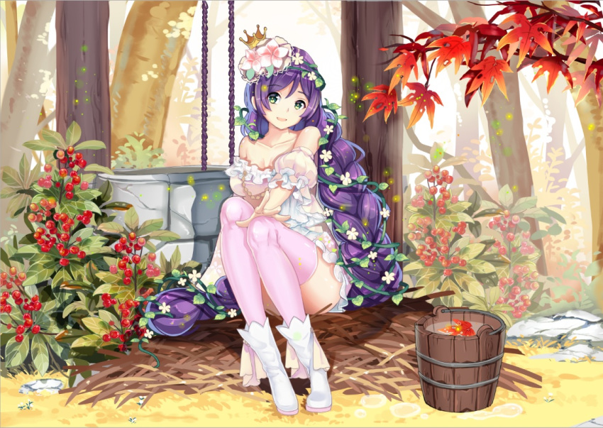 1girl bare_shoulders berries boots braids bucket crown duzie_e female flower green_eyes hair_flower headdress leaf looking_at_viewer love_live!_school_idol_project mini_crown outdoors purple_hair sitting smile solo sundress thigh-highs toujou_nozomi tree very_long_hair water well