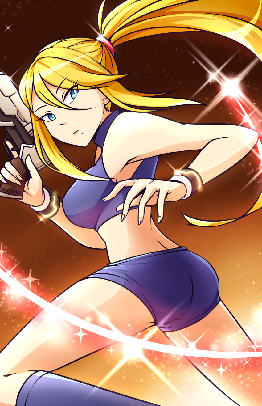 1girl ass blonde_hair boots gun looking_at_viewer looking_back lyn_(shunao) metroid midriff nintendo ponytail samus_aran short_shorts shorts solo sparkle weapon