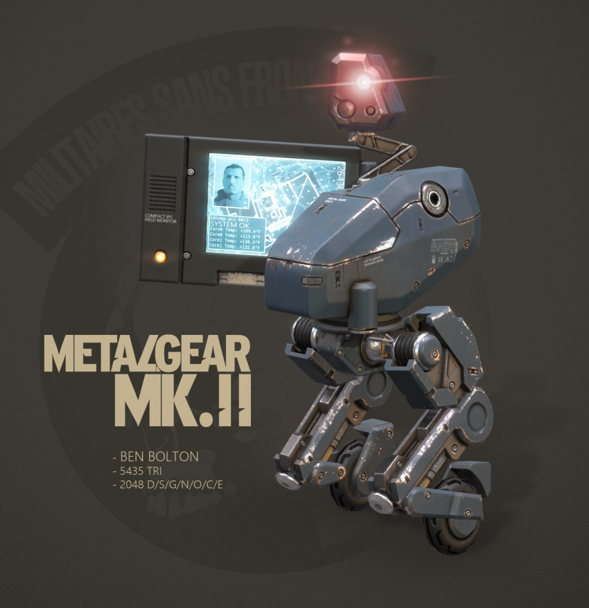 3d benbolton character_name commentary damaged dirty emblem english_commentary english_text fake_screenshot gears glowing glowing_eye highres lens_flare light logo machinery map mecha metal_gear_(series) metal_gear_mk._ii metal_gear_solid_4 monitor one-eyed realistic red_eyes robot science_fiction signature video_game wheel