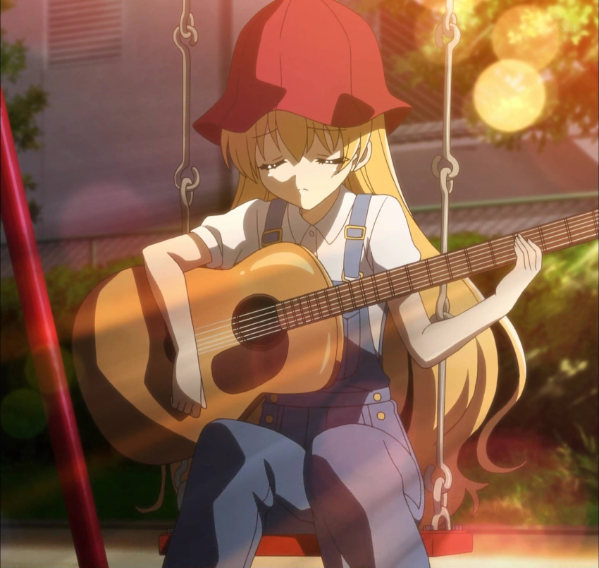 1girl acoustic_guitar amagi_marine guitar highres instrument screencap sunset swing tantei_opera_milky_holmes