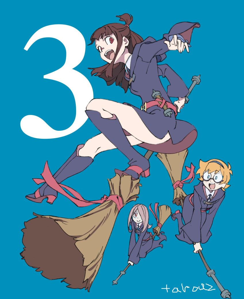 3girls :d akko_kagari artist_name blonde_hair boots broom broom_riding brown_eyes brown_hair commentary_request dress glasses green_eyes hair_over_one_eye hairband highres knee_boots little_witch_academia long_hair looking_at_viewer lotte_yanson multiple_girls open_mouth ponytail red_eyes short_hair smile sucy_manbabalan tarou2 witch