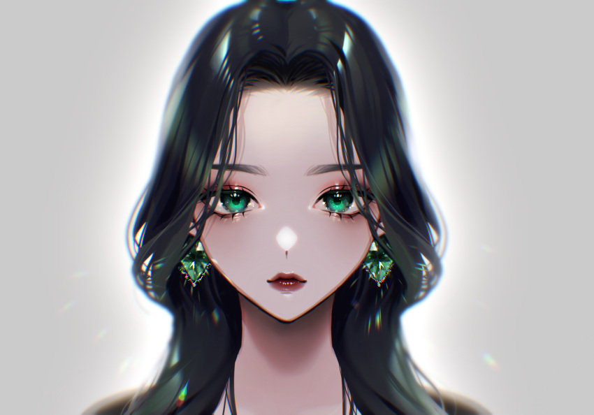 1girl bitaro black_hair earrings emerald_(gemstone) eyelashes face green_eyes grey_background highres jewelry lips lipstick looking_at_viewer makeup original portrait red_lips solo sparkle straight-on