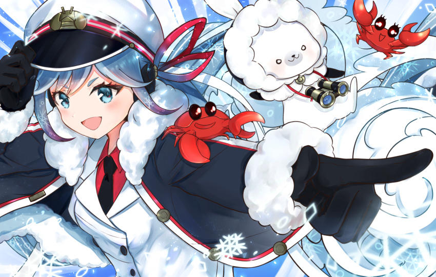 1girl 1other adjusting_clothes adjusting_headwear animal binoculars black_coat black_gloves black_necktie buttons coat commentary crab dip-dyed_hair double-breasted eyelashes fur-trimmed_coat fur-trimmed_hood fur_trim gloves hada_karin hair_ribbon hand_up hat hatsune_miku highres hood hood_up jacket light_blue_eyes light_blue_hair long_hair looking_at_viewer military military_uniform naval_uniform necktie open_mouth outstretched_arm peaked_cap pointing rabbit rabbit_yukine red_ribbon red_shirt ribbon shirt smile snowflakes twintails uniform upper_body very_long_hair vocaloid wavy_hair white_hair white_headwear white_jacket winter yuki_miku yuki_miku_(2022)