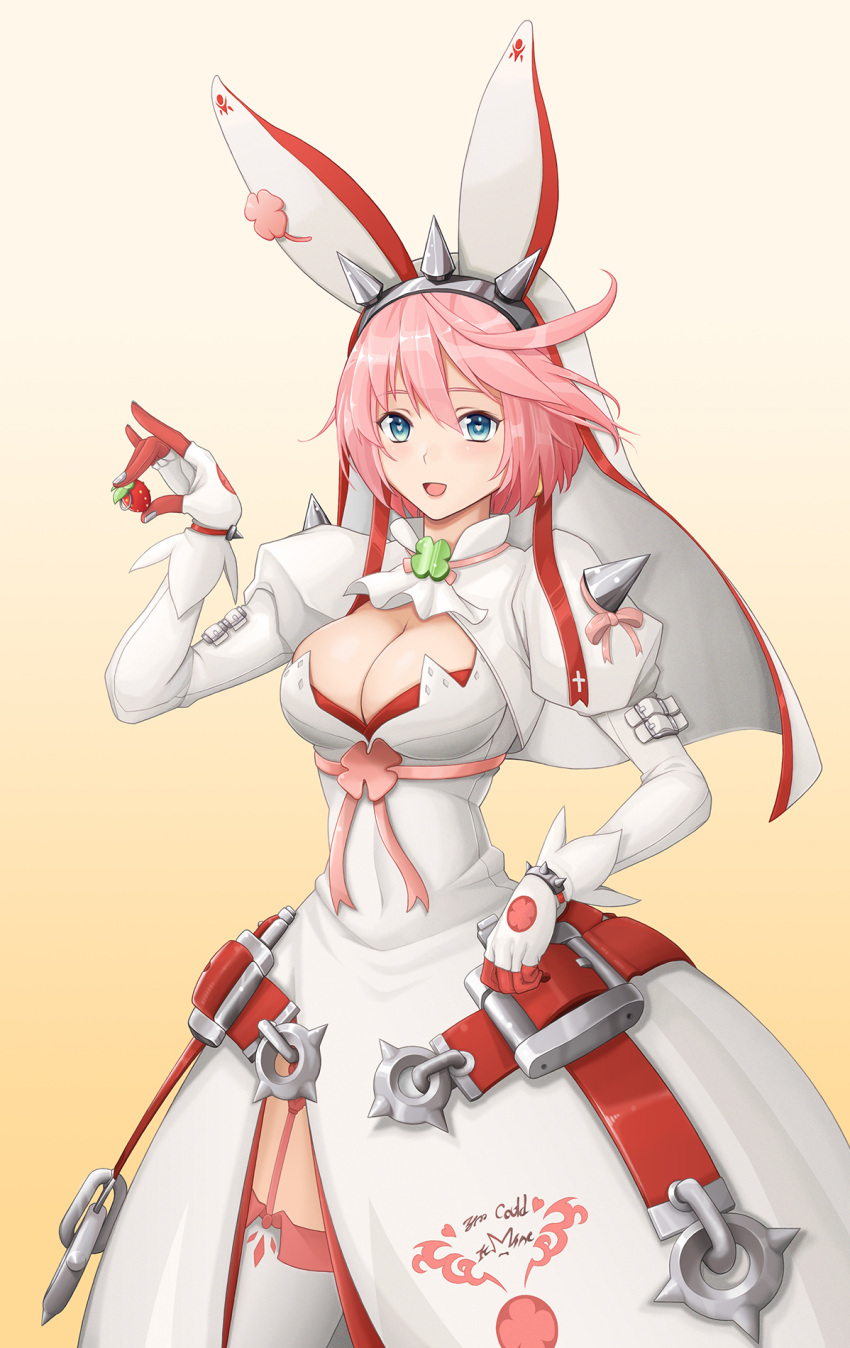 1girl ahoge arc_system_works artist_request blush breasts bridal_veil cleavage clover dress elphelt_valentine explosive female food four-leaf_clover fruit garter_straps gloves green_eyes grenade guilty_gear guilty_gear_xrd heart heart-shaped_pupils large_breasts looking_at_viewer open_mouth pink_hair ribbon shiny shiny_hair shiny_skin smile solo spikes symbol-shaped_pupils thigh-highs veil wedding_dress white_dress