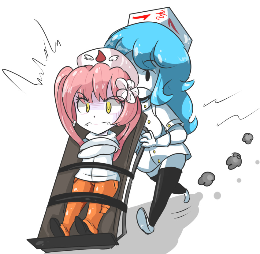 angry blue_hair cure-chan ebola-chan flower hat nurse nurse_cap pink_hair rolling_away straitjacket
