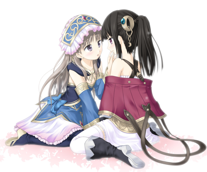 2girls artist_request atelier_(series) atelier_meruru atelier_totori bare_arms bare_shoulders black_hair black_legwear blush boots brown_eyes brown_hair detached_sleeves dress female hair_ornament hat mimi_houllier_von_schwarzlang multiple_girls ponytail shirt short_dress sitting skirt strapless_dress thigh-highs totooria_helmold wariza white_legwear wide_sleeves yuri zettai_ryouiki