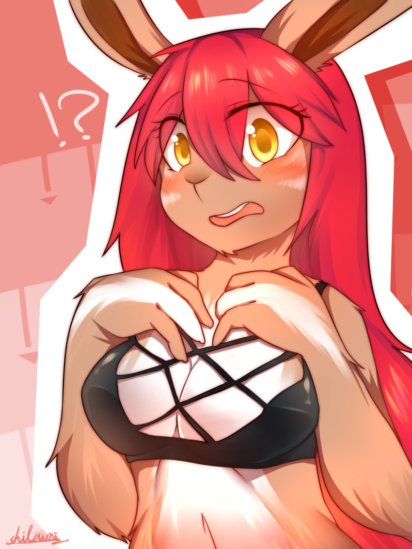 1girl artist_request bra breasts female furry long_hair open_mouth rabbit redhead shocked solo underwear upper_body white_background yellow_eyes