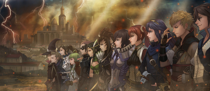 6+boys 6+girls animal_ears armor azur_(fire_emblem) breastplate breasts bredy_(fire_emblem) castle chambray circlet city cleavage cleavage_cutout clouds cloudy_sky cynthia_(fire_emblem) degel domino_mask embers eudes_(fire_emblem) everyone fire_emblem fire_emblem:_kakusei jerome_(fire_emblem) laurent lightning lucina mask multiple_boys multiple_girls nintendo nn_(fire_emblem) noire_(fire_emblem) scar selena_(fire_emblem) side-by-side sky smoke sunlight sword tiara twintails wizard_hat yagaminoue