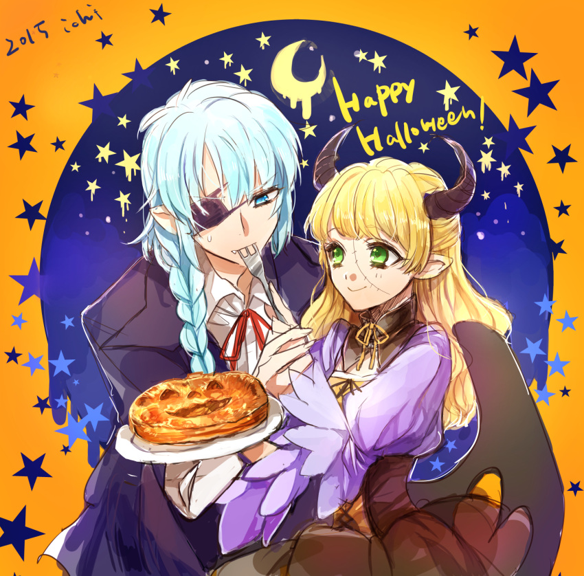 1boy 1girl blonde_hair braid breasts choker claire_bennett dress eyepatch fang green_eyes halloween horns long_hair moon pointy_ears ribbon scar smile star tales_of_(series) tales_of_rebirth veigue_lungberg