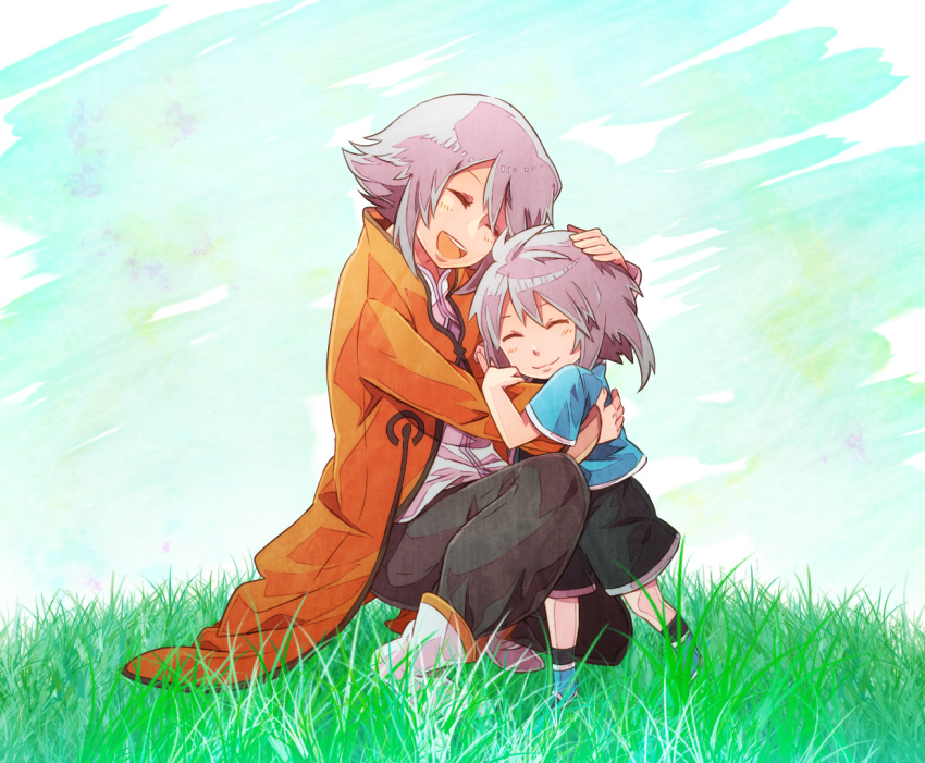 1boy 1girl blush brother_and_sister capelet closed_eyes coat genius_sage grass grey_hair hug open_mouth pants refill_sage shoes short_hair shorts siblings smile socks tales_of_(series) tales_of_symphonia