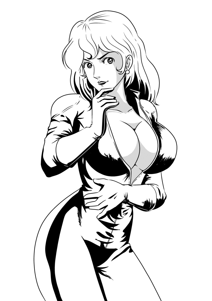1girl bodysuit breasts cleavage earrings eyelashes gloves highres huge_breasts jewelry kanaman7 lipstick long_hair looking_at_viewer lupin_iii makeup mine_fujiko monochrome simple_background skin_tight solo